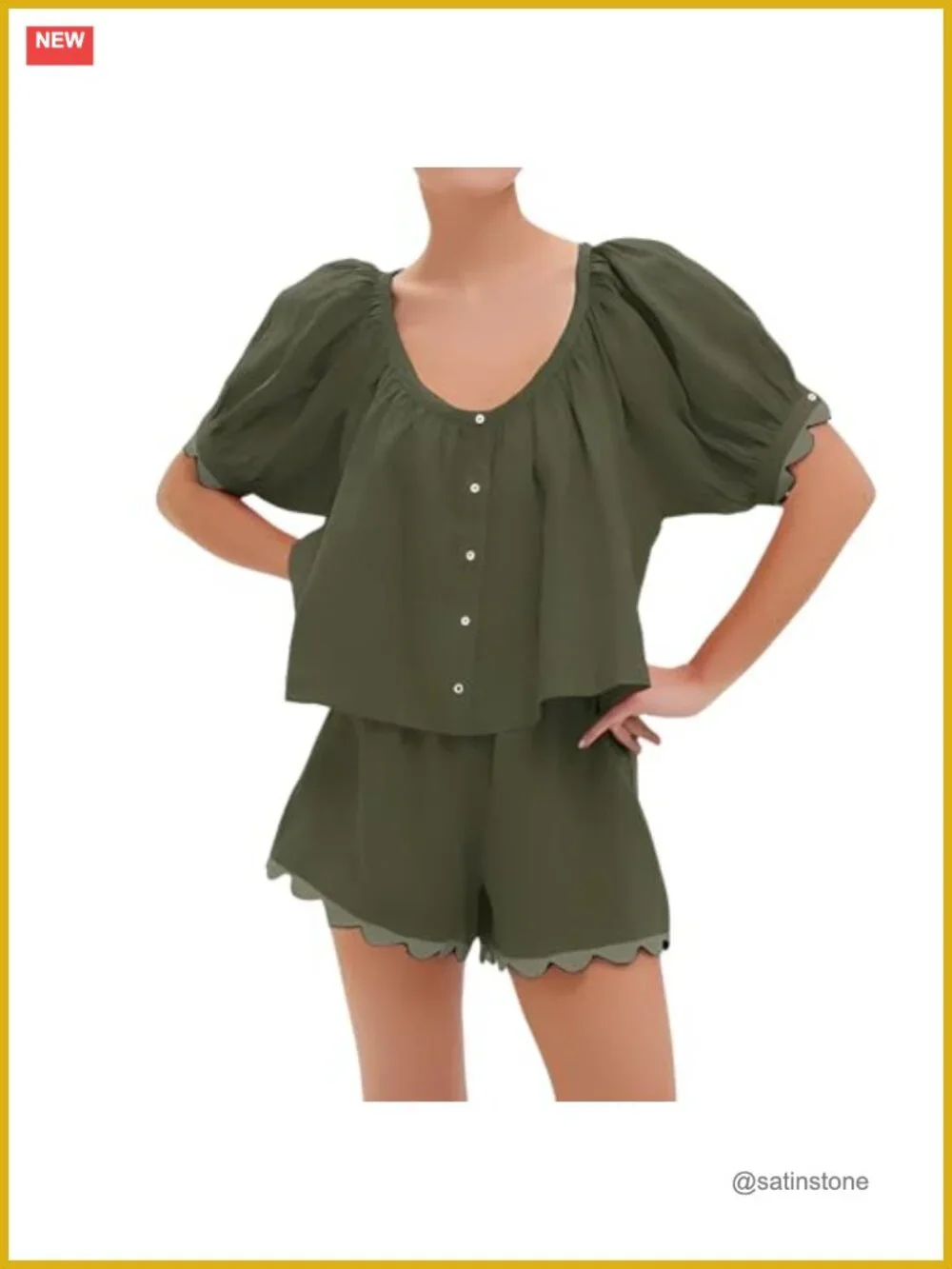 Two Piece Linen Blend Set - Puff Sleeve Crew Neck Top with Matching Shorts